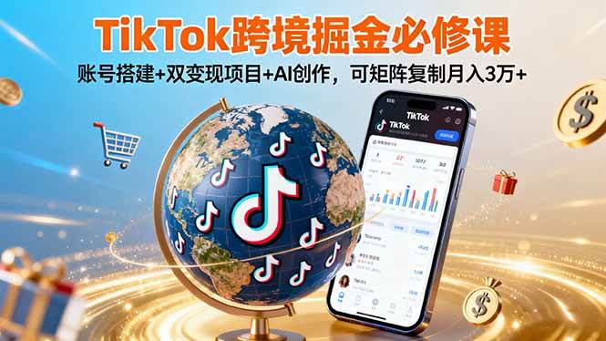 TikTo跨境掘金必修课,账号搭建+双变现项目+AI创作,可矩阵复制月入3万+