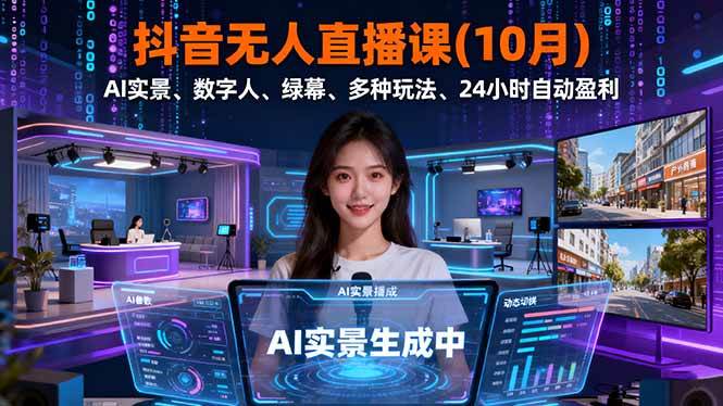 抖音无人直播课(10月),AI实景、数字人、绿幕、多种玩法、24小时自动盈利