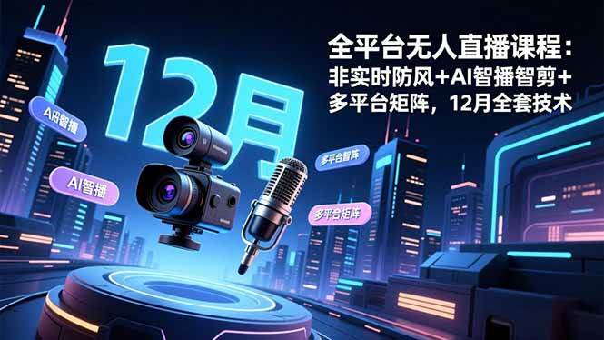 全平台无人直播课程:非实时防风+AI智播智剪+多平台矩阵,12月全套技术