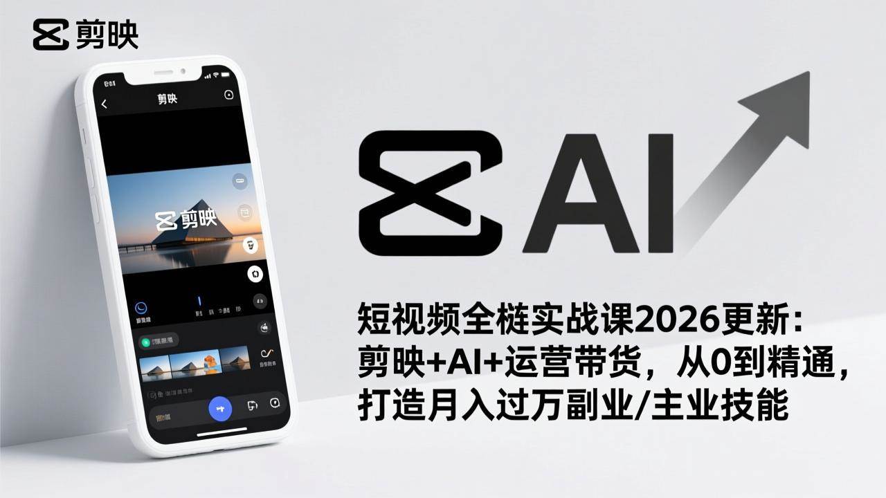 短视频全栈实战课2026更新:剪映+AI+运营带货,从0到精通,打造月入过万副业/主业技能