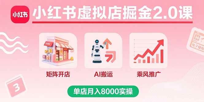 小红书虚拟店掘金2.0课,矩阵开店+AI搬运+乘风推广,单店月入8000实操