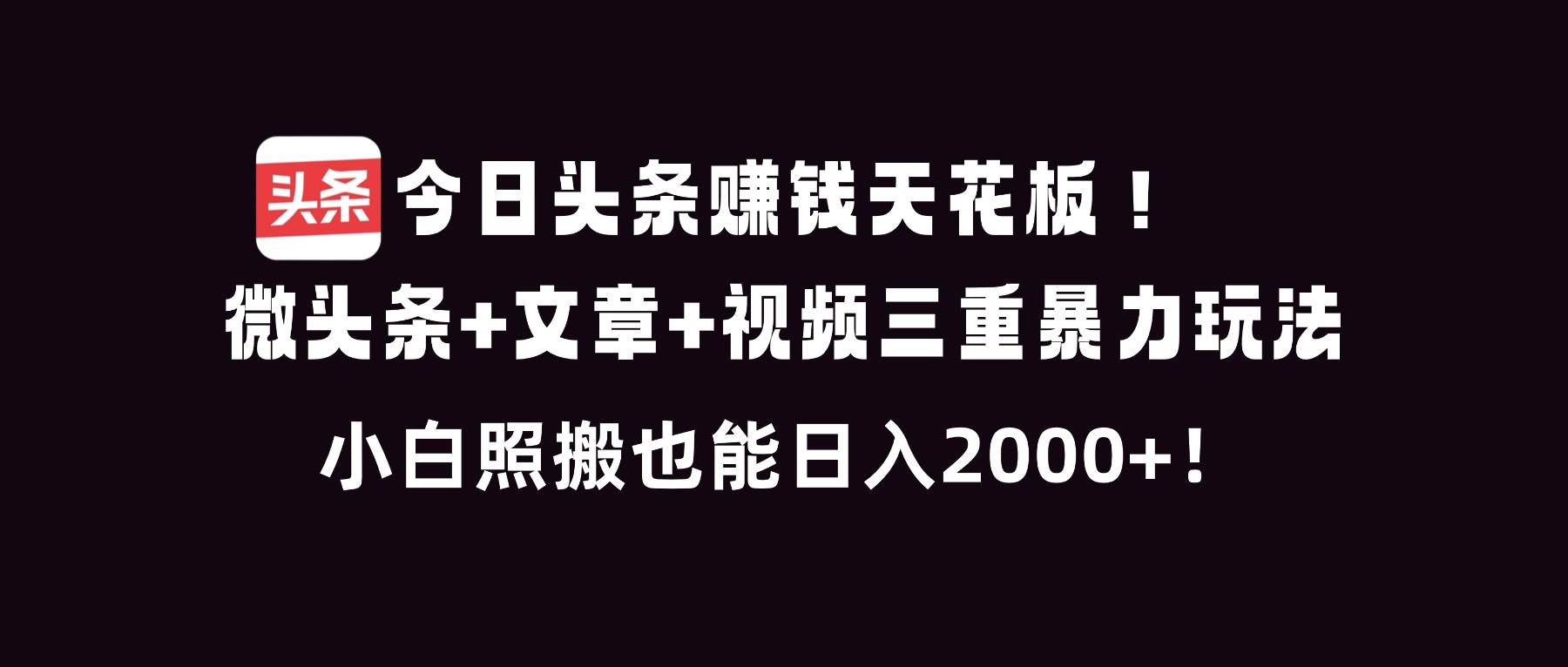今日头条赚钱天花板！微头条+文章+视频三重暴利玩法，小白照搬也能日人2000+