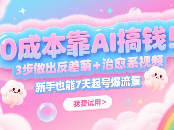 0成本靠AI搞钱！3步做出反差萌+治愈系视频，新手也能7天起号爆流量，月入5位数