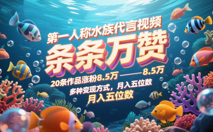 第一人称水族代言视频，条条万赞，20条作品涨粉8.5万，多种变现方式月，入五位数
