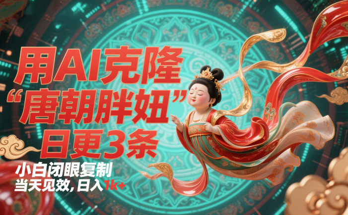 用AI克隆“唐朝胖妞”日更3条，平台疯狂推流，小白闭眼复制，当天见效，日入1k+