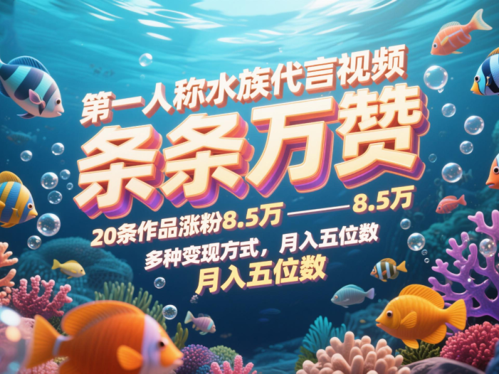 第一人称水族代言视频，条条万赞，20条作品涨粉8.5万，多种变现方式月，入五位数