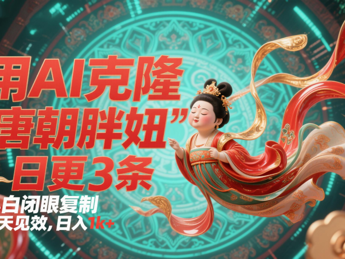 用AI克隆“唐朝胖妞”日更3条，平台疯狂推流，小白闭眼复制，当天见效，日入1k+
