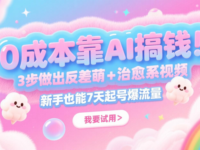 0成本靠AI搞钱！3步做出反差萌+治愈系视频，新手也能7天起号爆流量，月入5位数