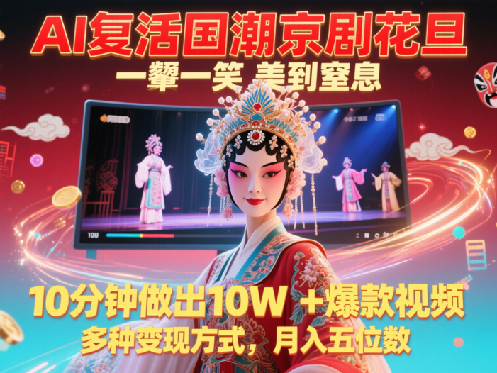 AI复活国潮京剧花旦，一颦一笑美到窒息，10分钟做出10W+爆款视频，多种变现方式